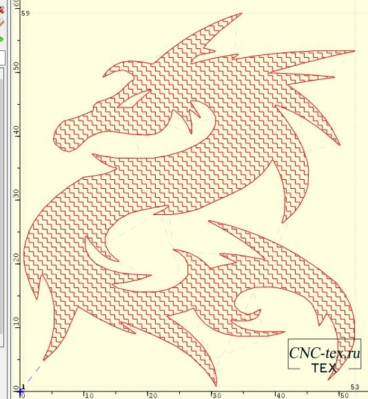 Гравировка дракона с заполнением «горизонтальные линии». 